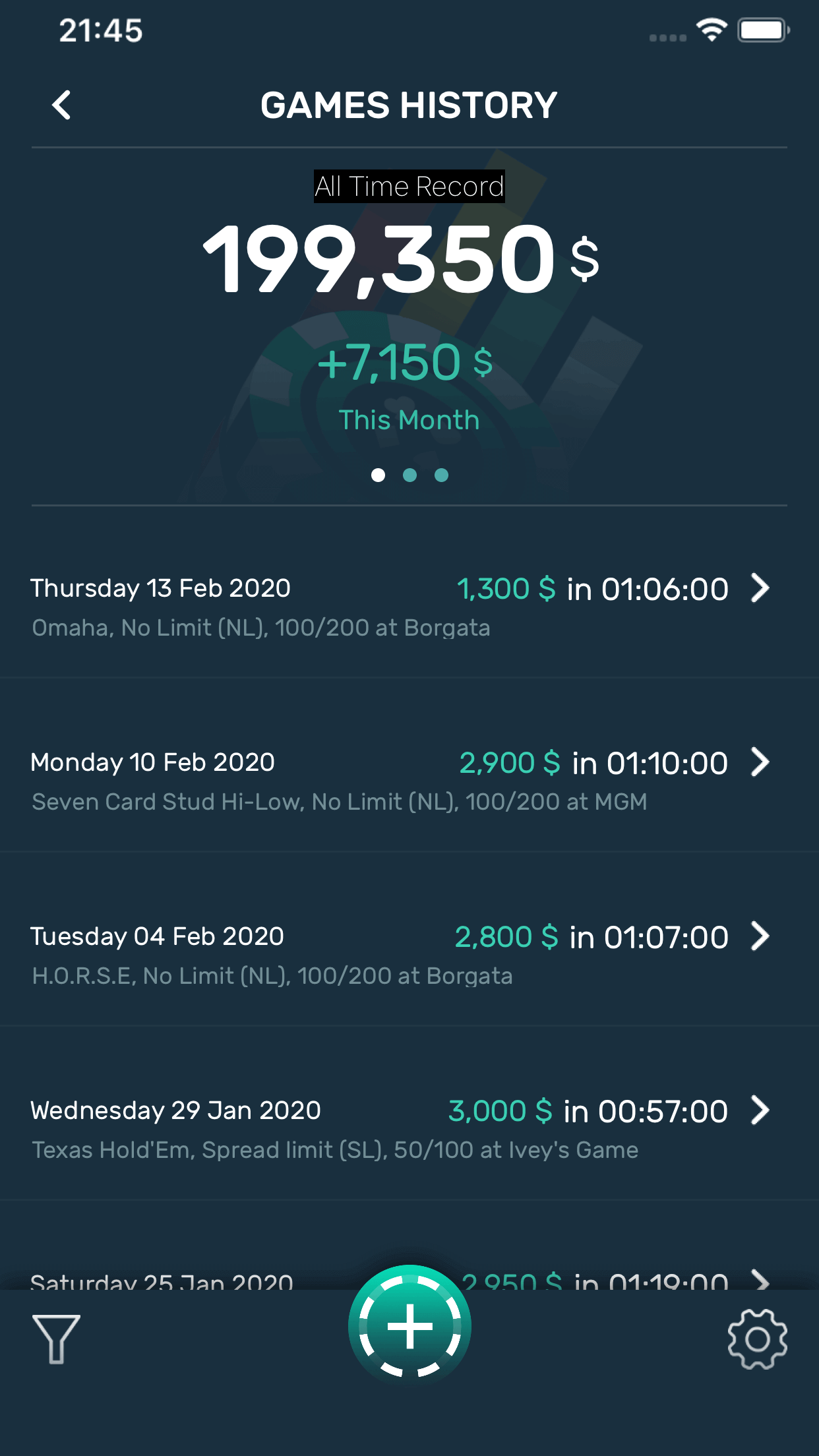 Detailed view of a user's poker game history, including dates and financial outcomes, in the Poker Stack app.